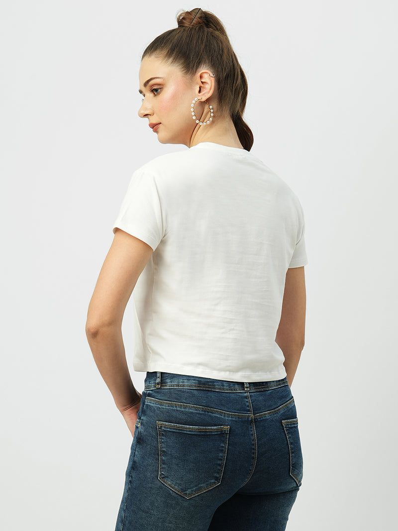 Women Off White Printed Short Sleeves T-Shirts