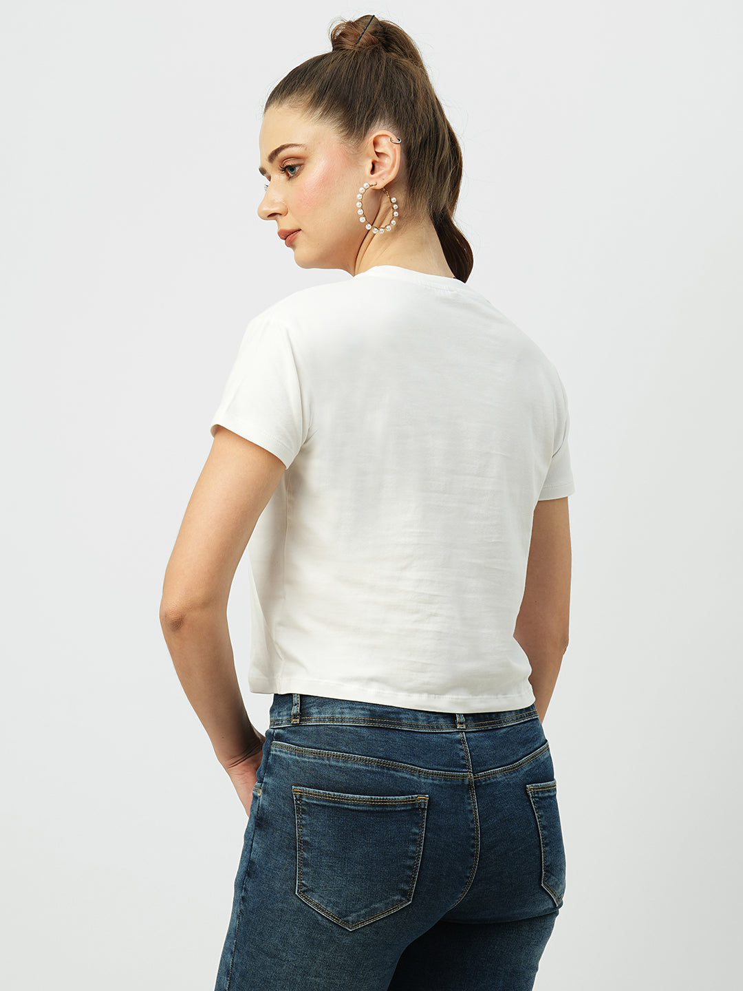 Women Off White Printed Slim T-Shirt