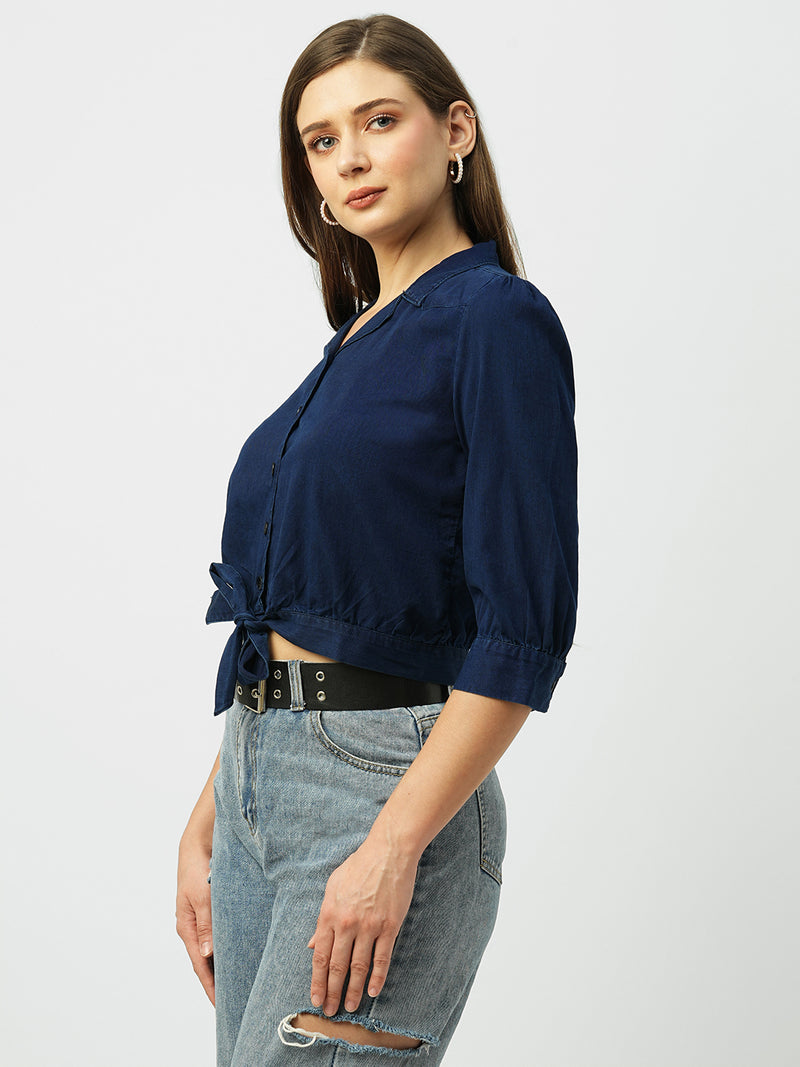Women Ink Blue Solid Three-Quarter Sleeves Shirts