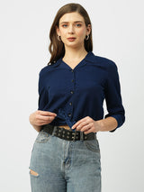 Women Ink Blue Solid Three-Quarter Sleeves Shirts