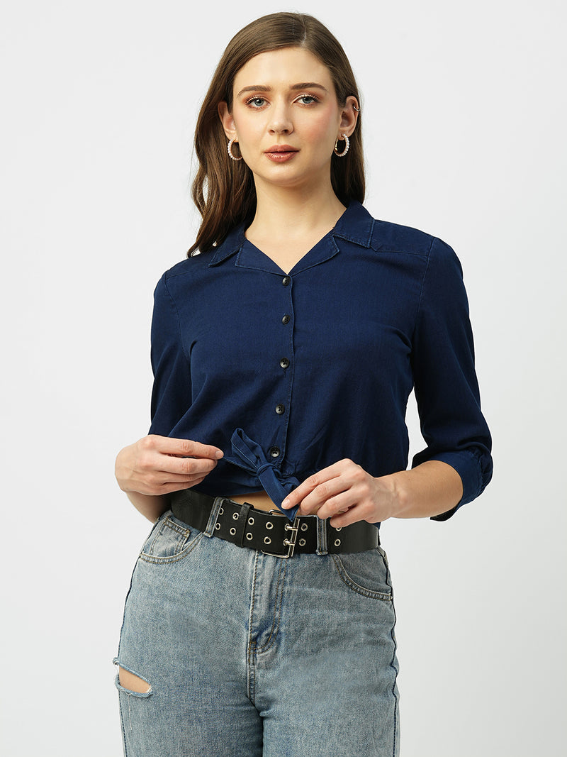 Women Ink Blue Solid Three-Quarter Sleeves Shirts