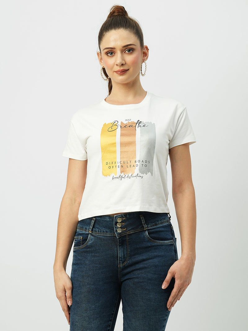 Women Off White Printed Short Sleeves T-Shirts