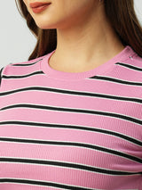 Women Pink Striped Short Sleeves T-Shirts