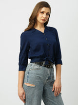 Women Ink Blue Solid Three-Quarter Sleeves Shirts