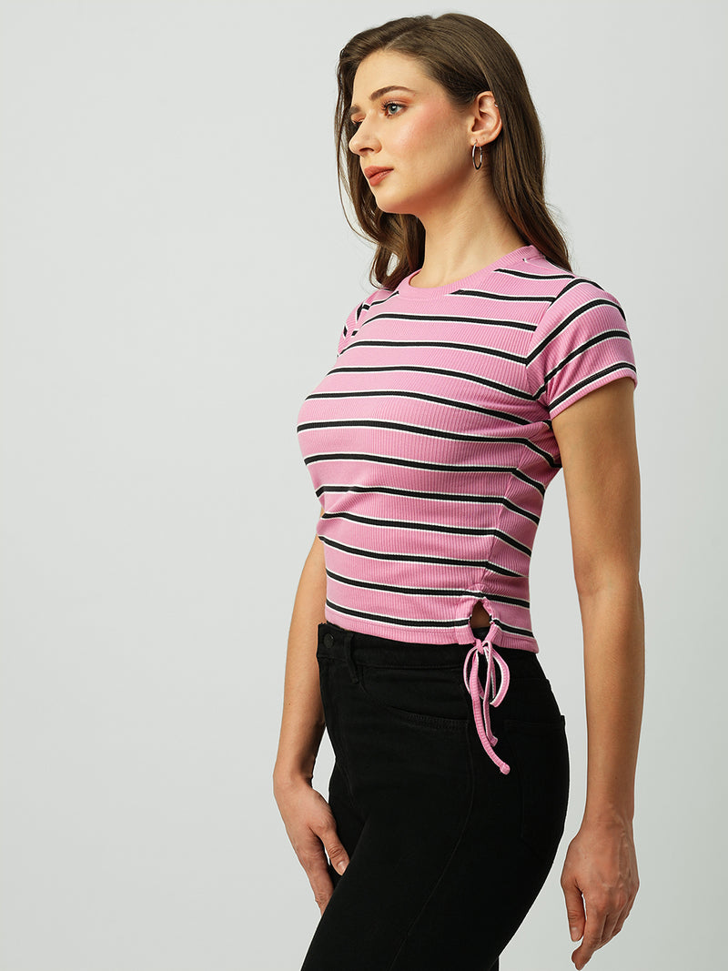 Women Pink Striped Short Sleeves T-Shirts