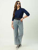 Women Ink Blue Solid Three-Quarter Sleeves Shirts