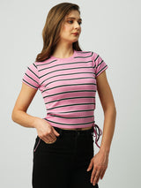 Women Pink Striped Short Sleeves T-Shirts