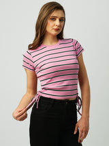 Women Pink Striped Short Sleeves T-Shirts