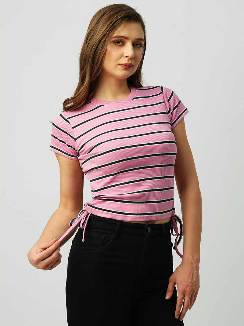 Women Pink Striped Short Sleeves T-Shirts