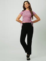Women Pink Striped Short Sleeves T-Shirts