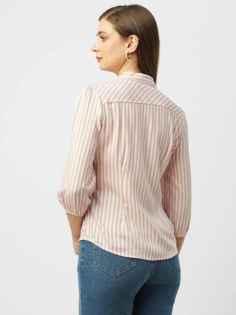 Women Peach & White Striped Three-Quarter Sleeves Shirts
