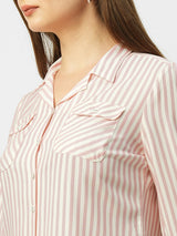 Women Peach & White Striped Three-Quarter Sleeves Shirts