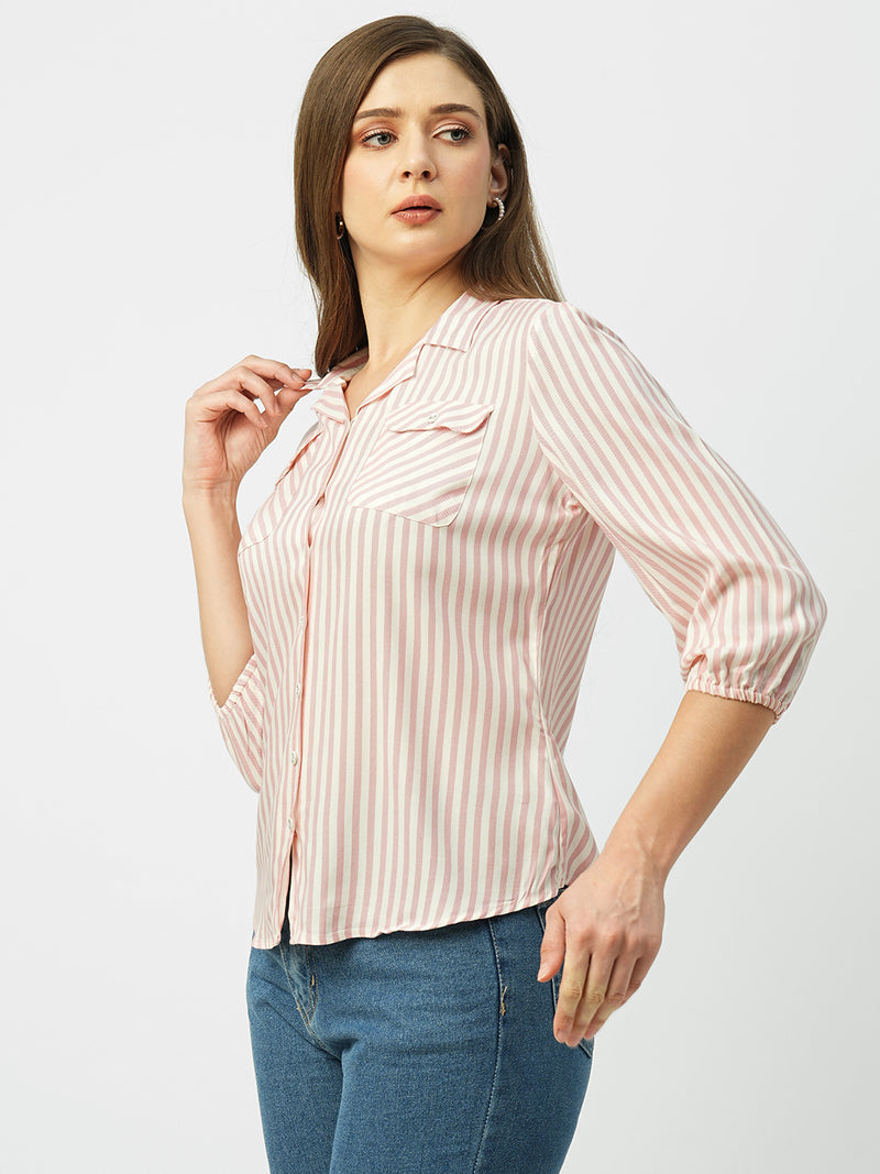 Women Peach & White Striped Three-Quarter Sleeves Shirts