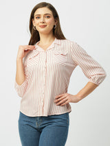 Women Peach & White Striped Three-Quarter Sleeves Shirts