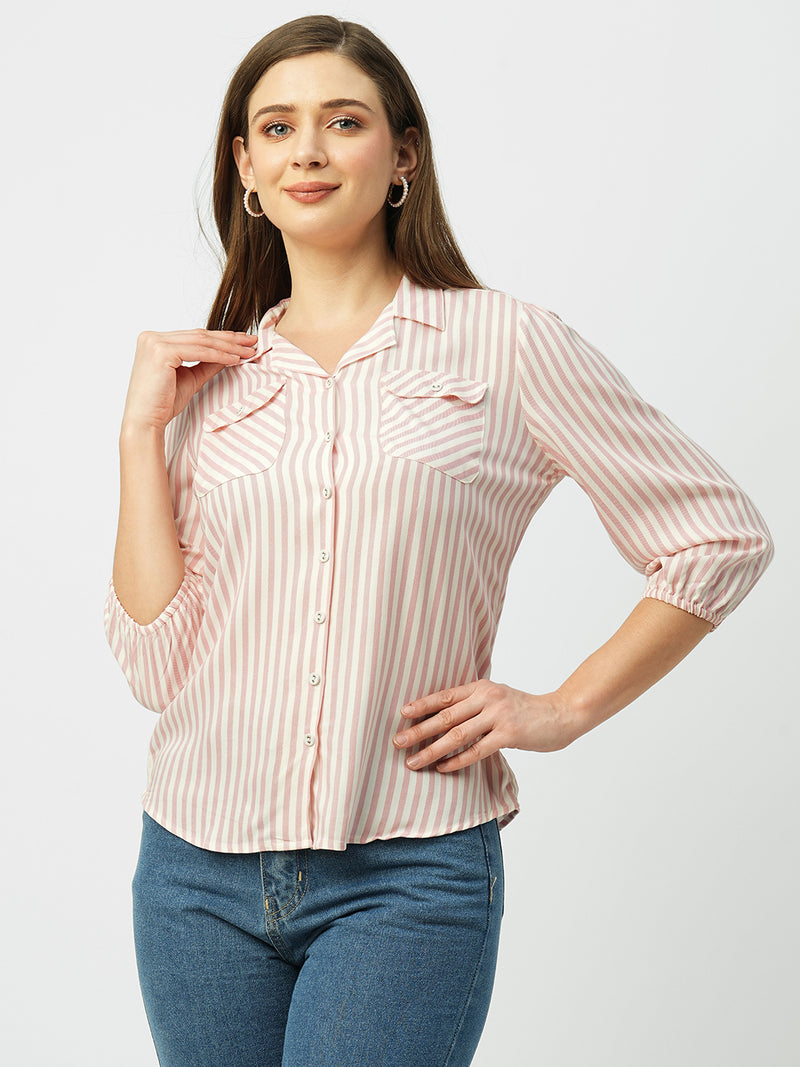 Women Peach & White Striped Three-Quarter Sleeves Shirts