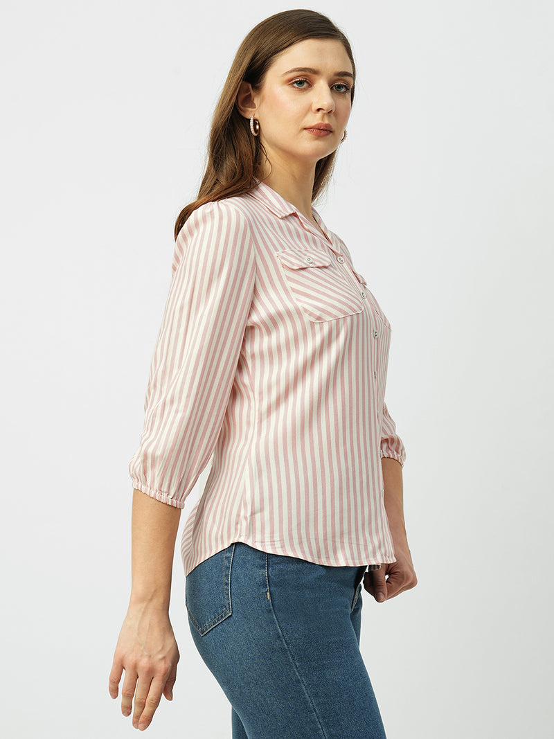 Women Peach & White Striped Three-Quarter Sleeves Shirts