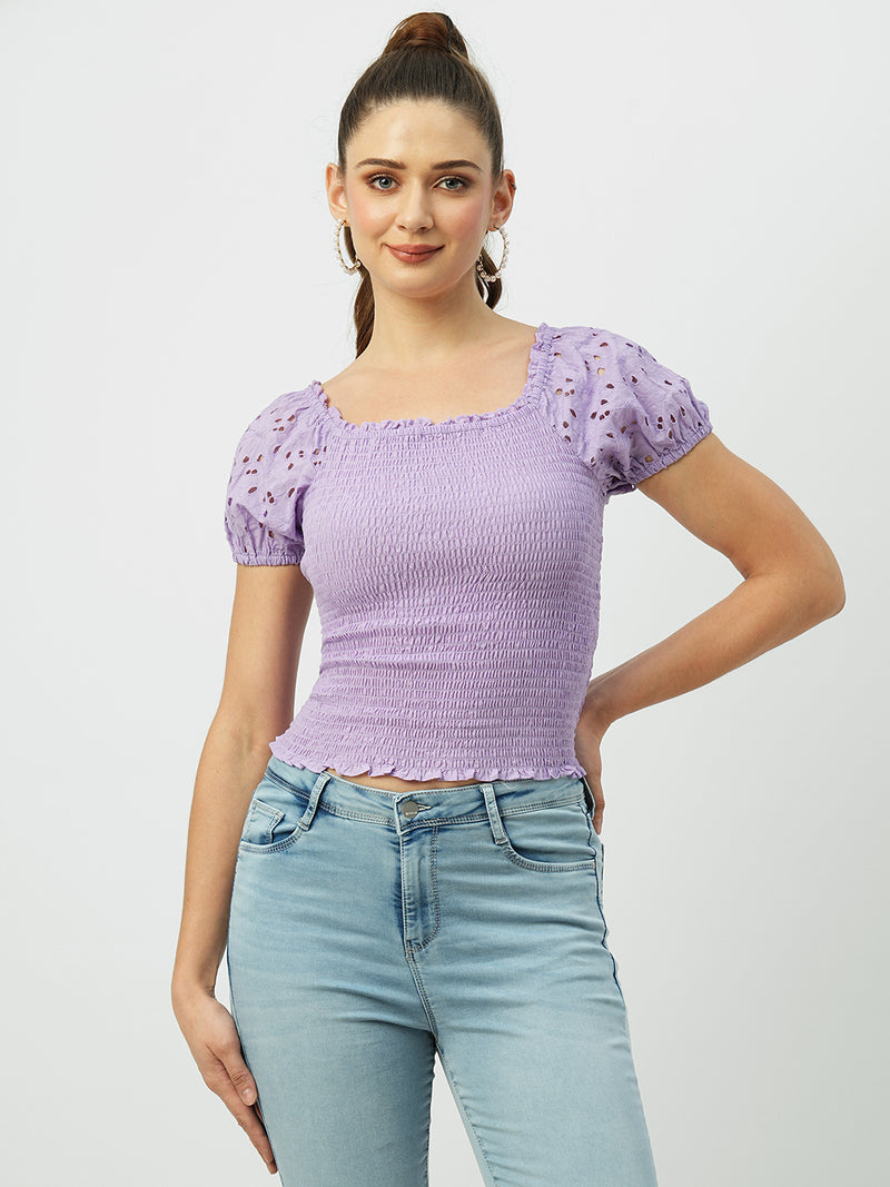 Women Lilac Solid Short Sleeves Tops