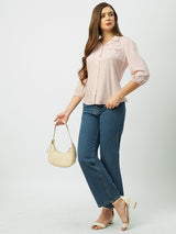Women Peach & White Striped Three-Quarter Sleeves Shirts