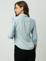 Women Light Blue Solid Three-Quarter Sleeves Shirts