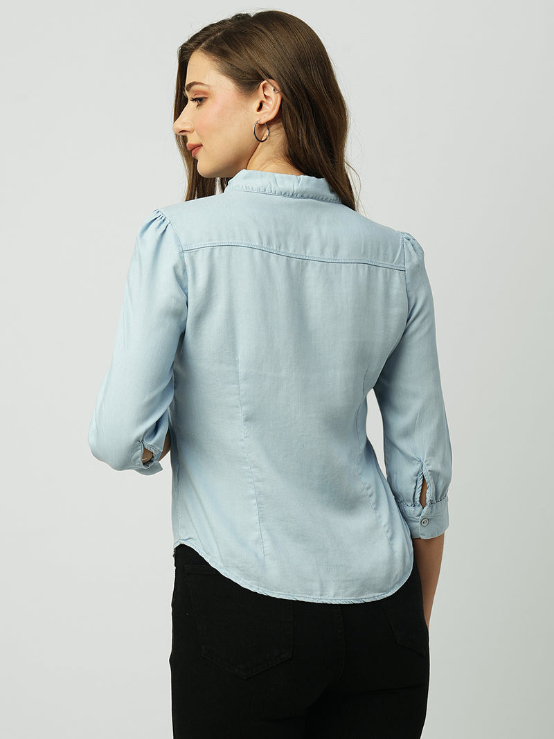 Women Light Blue Solid Three-Quarter Sleeves Shirts