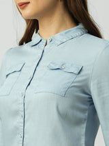 Women Light Blue Solid Three-Quarter Sleeves Shirts