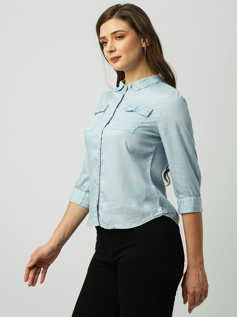 Women Light Blue Solid Three-Quarter Sleeves Shirts