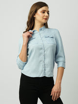 Women Light Blue Solid Three-Quarter Sleeves Shirts