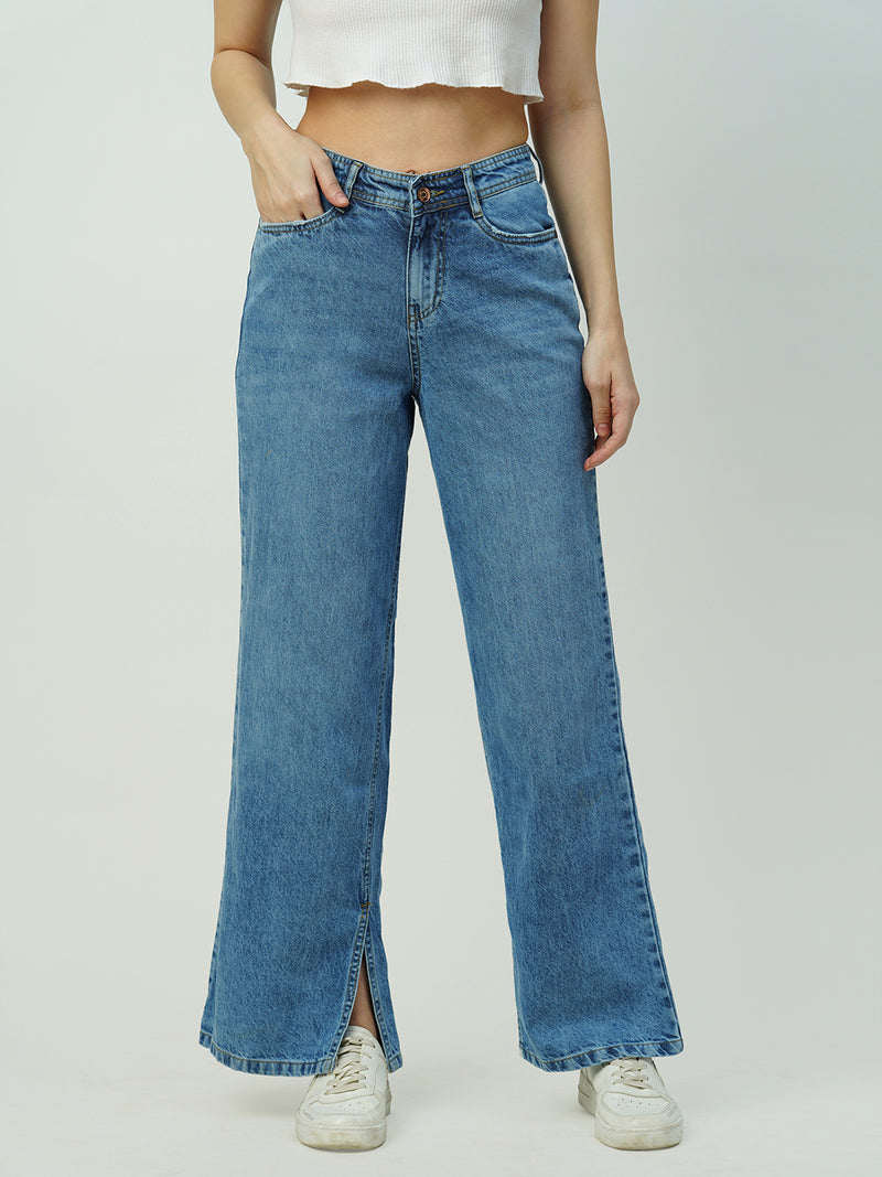 Women Light Blue Mid Rise Wide Leg Jeans