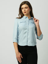 Women Light Blue Solid Three-Quarter Sleeves Shirts