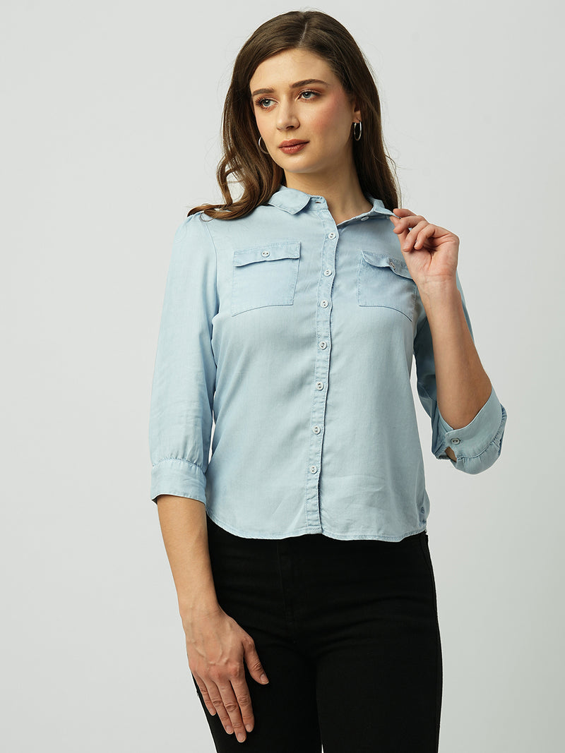 Women Light Blue Solid Three-Quarter Sleeves Shirts