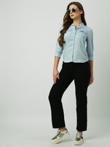 Women Light Blue Solid Three-Quarter Sleeves Shirts