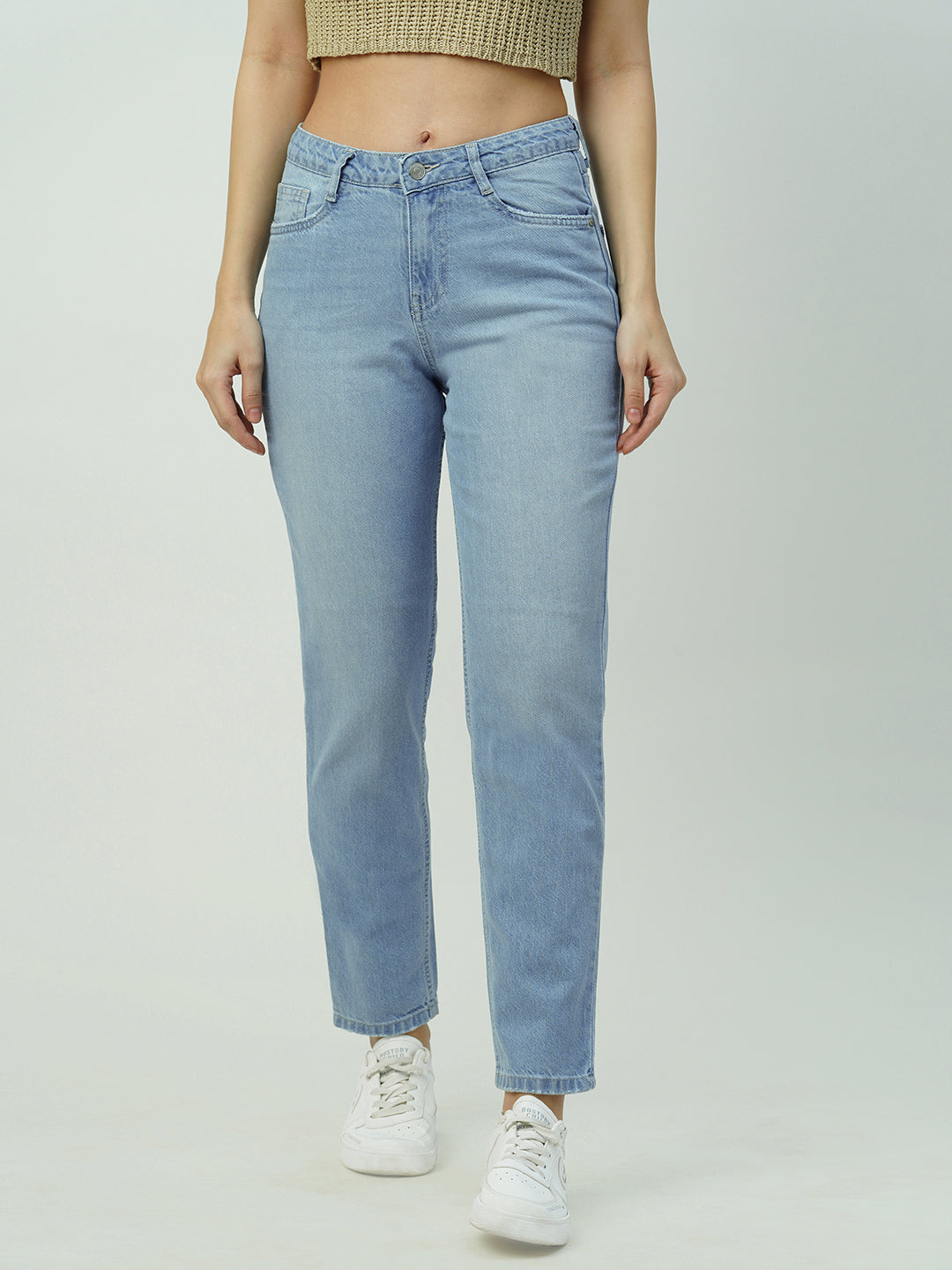 Women Light Blue Mid-Rise Mom Fit Jeans