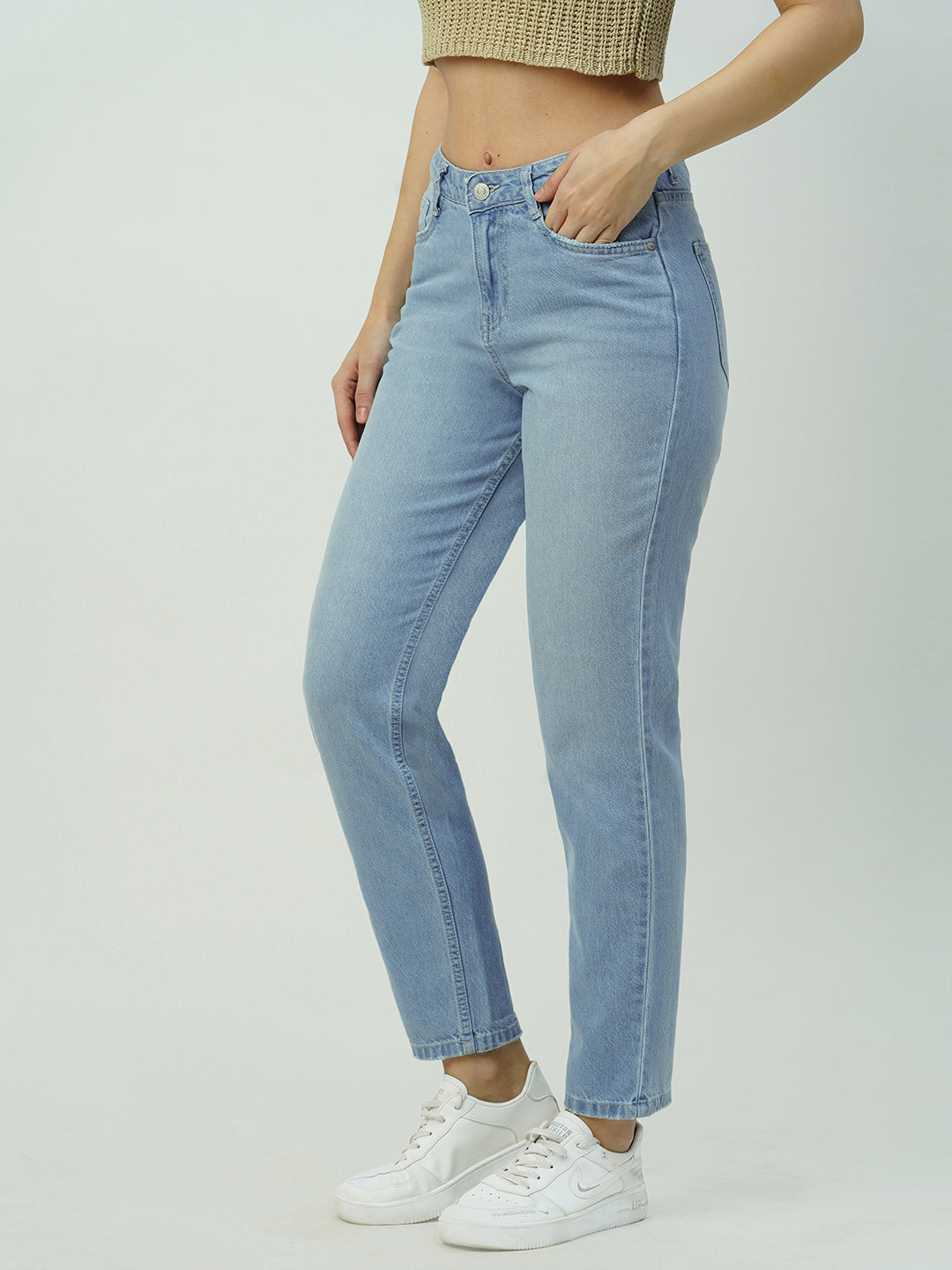 Women Light Blue Mid-Rise Mom Fit Jeans