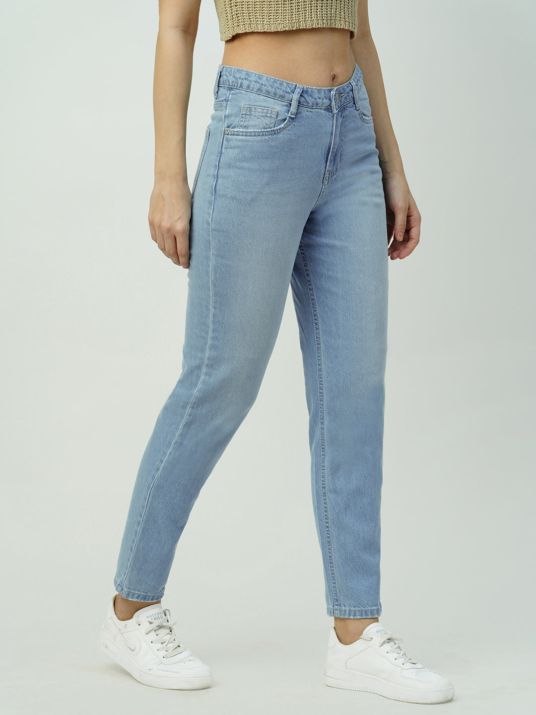 Women Light Blue Mid-Rise Mom Fit Jeans