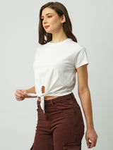 Women White Solid Short Sleeves T-Shirts