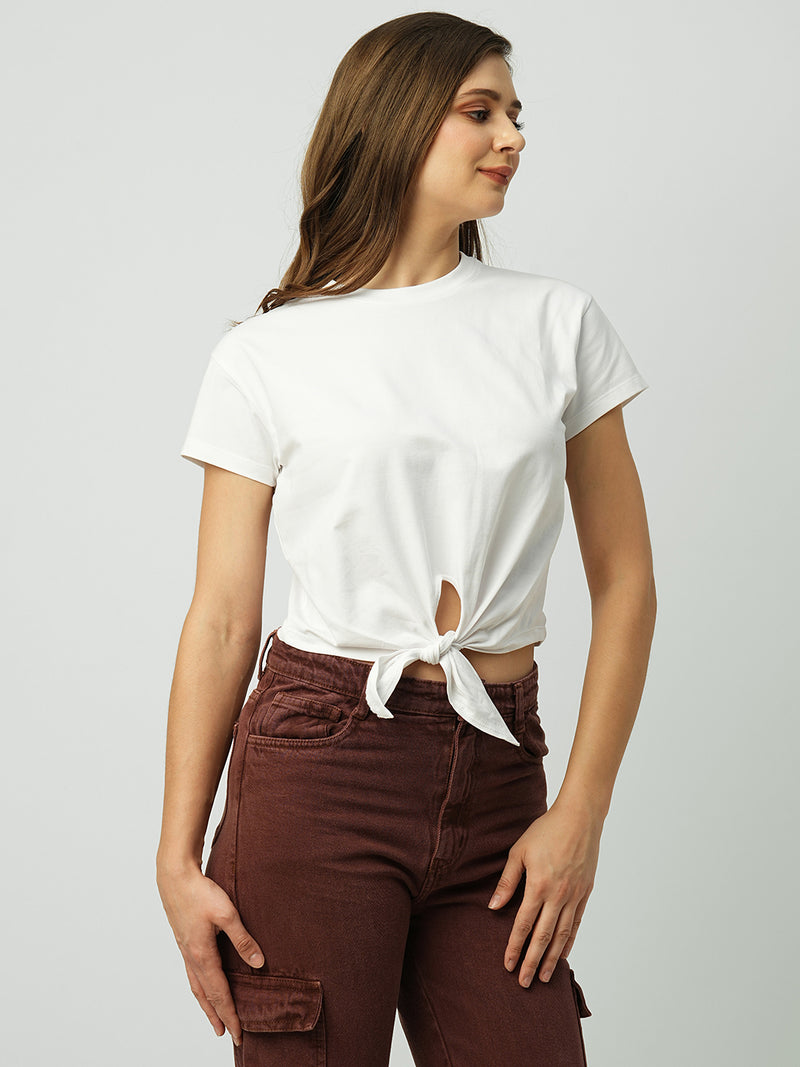 Women White Solid Short Sleeves T-Shirts