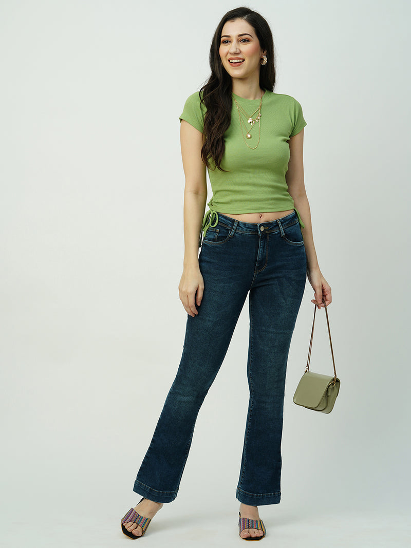 Women Dark Blue High Rise Mini Flare Jeans
