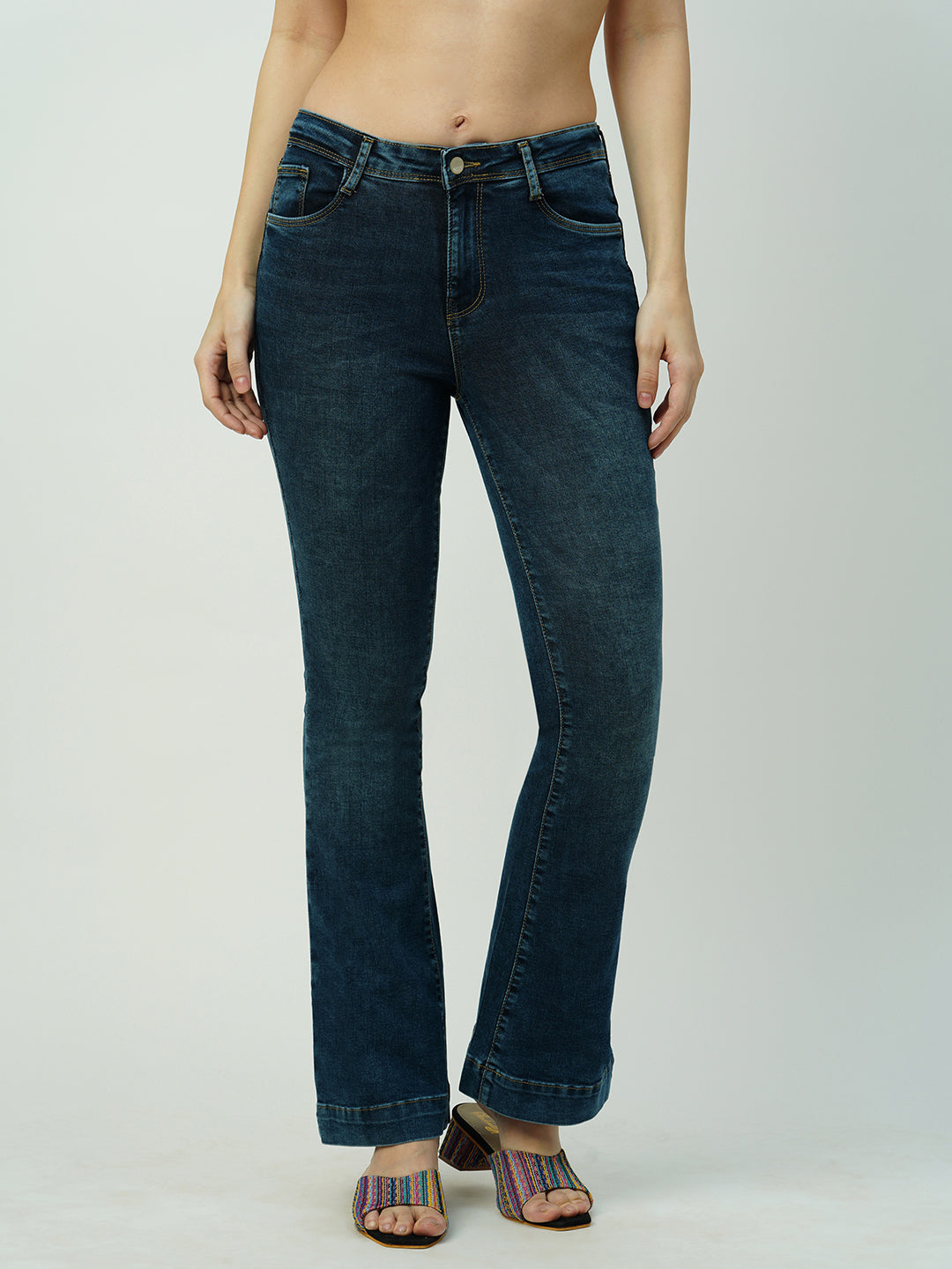 Women Dark Blue High Rise Mini Flare Jeans
