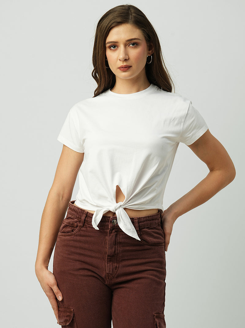 Women White Solid Short Sleeves T-Shirts