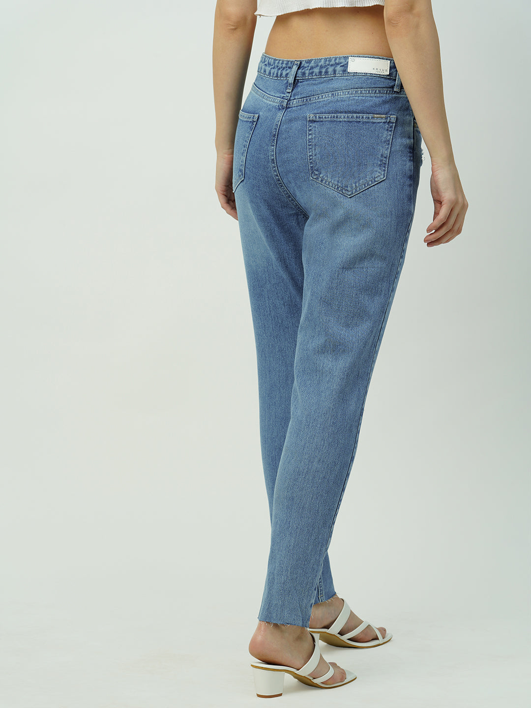 Women Light Blue High-Rise Slim Straight Fit Ripped Jeans