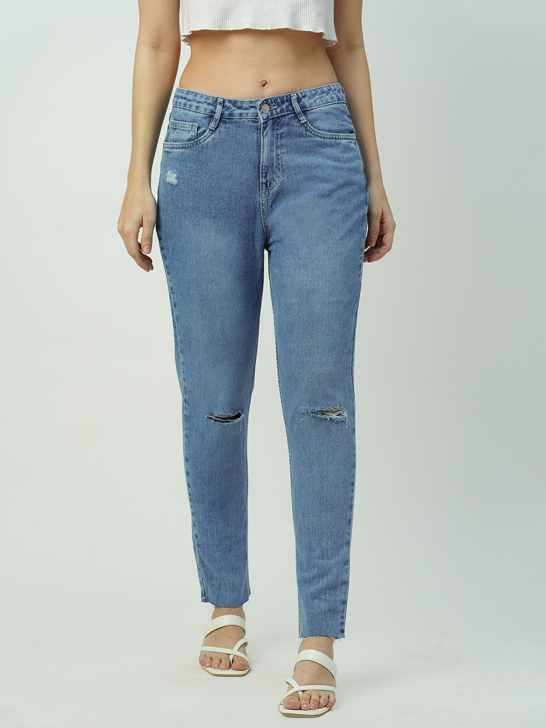 Women Light Blue High-Rise Slim Straight Fit Ripped Jeans