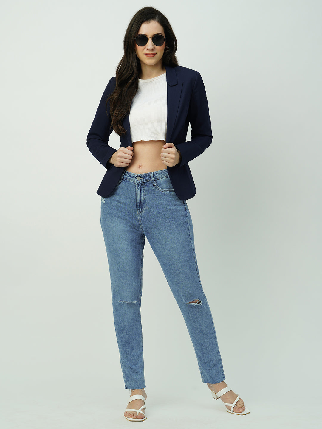 Women Light Blue High-Rise Slim Straight Fit Ripped Jeans