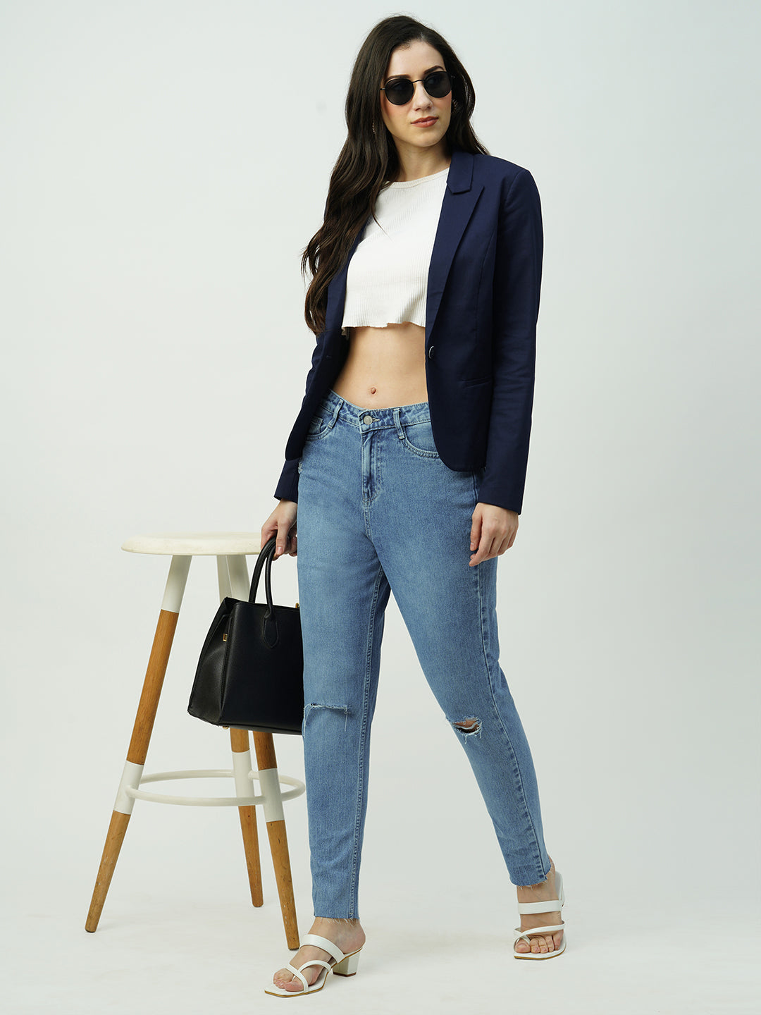 Women Light Blue High-Rise Slim Straight Fit Ripped Jeans