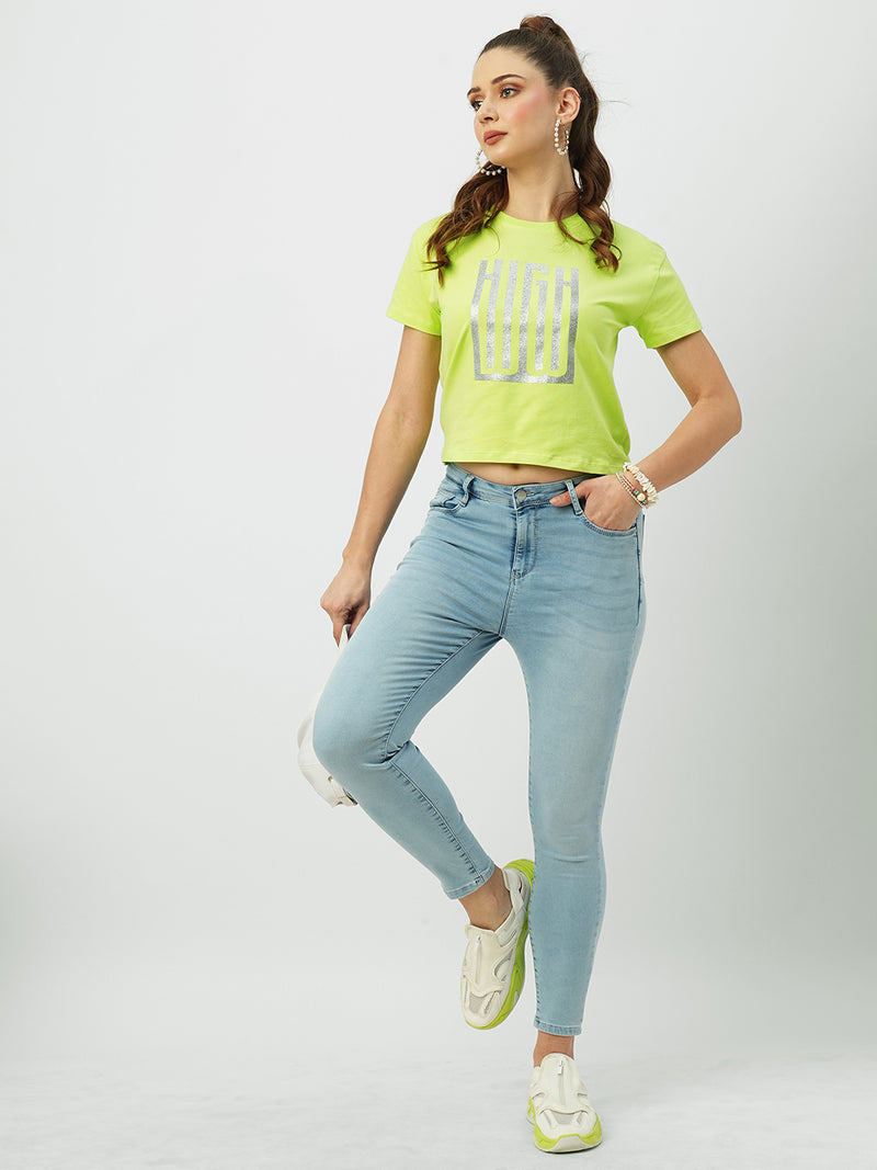 Women Lime Printed Short Sleeves T-Shirts