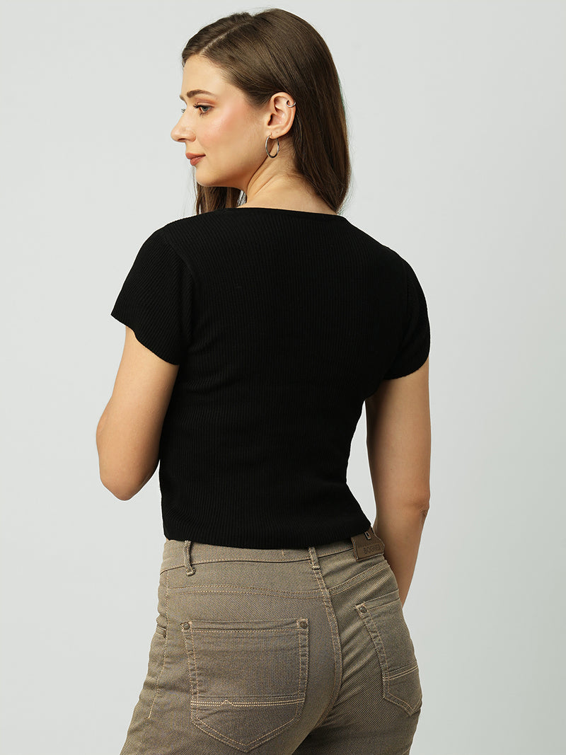 Women Black Solid Short Sleeves Topwear