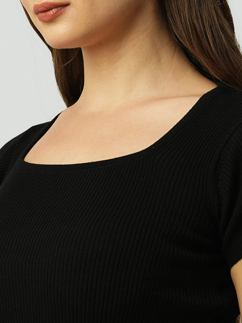 Women Black Solid Short Sleeves Topwear