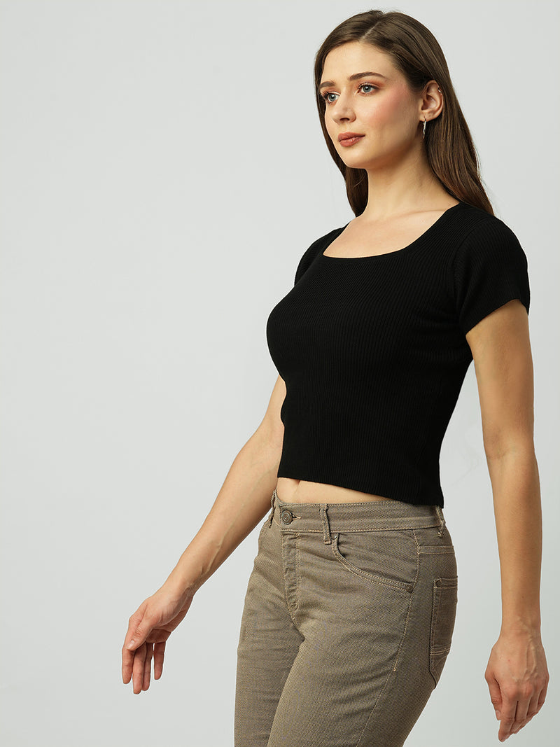 Women Black Solid Short Sleeves Topwear