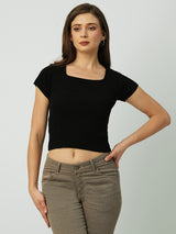 Women Black Solid Short Sleeves Topwear