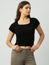 Women Black Solid Short Sleeves Topwear