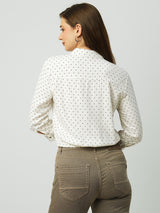 Women Off White Polka Dot Three-Quarter Sleeves Shirts